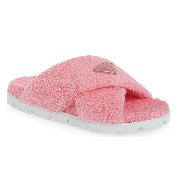 Prada Terry Pink Triangle Logo Criss Cross Strap Slide Sandal Flip Flop 40.5 - Picture 3 of 12